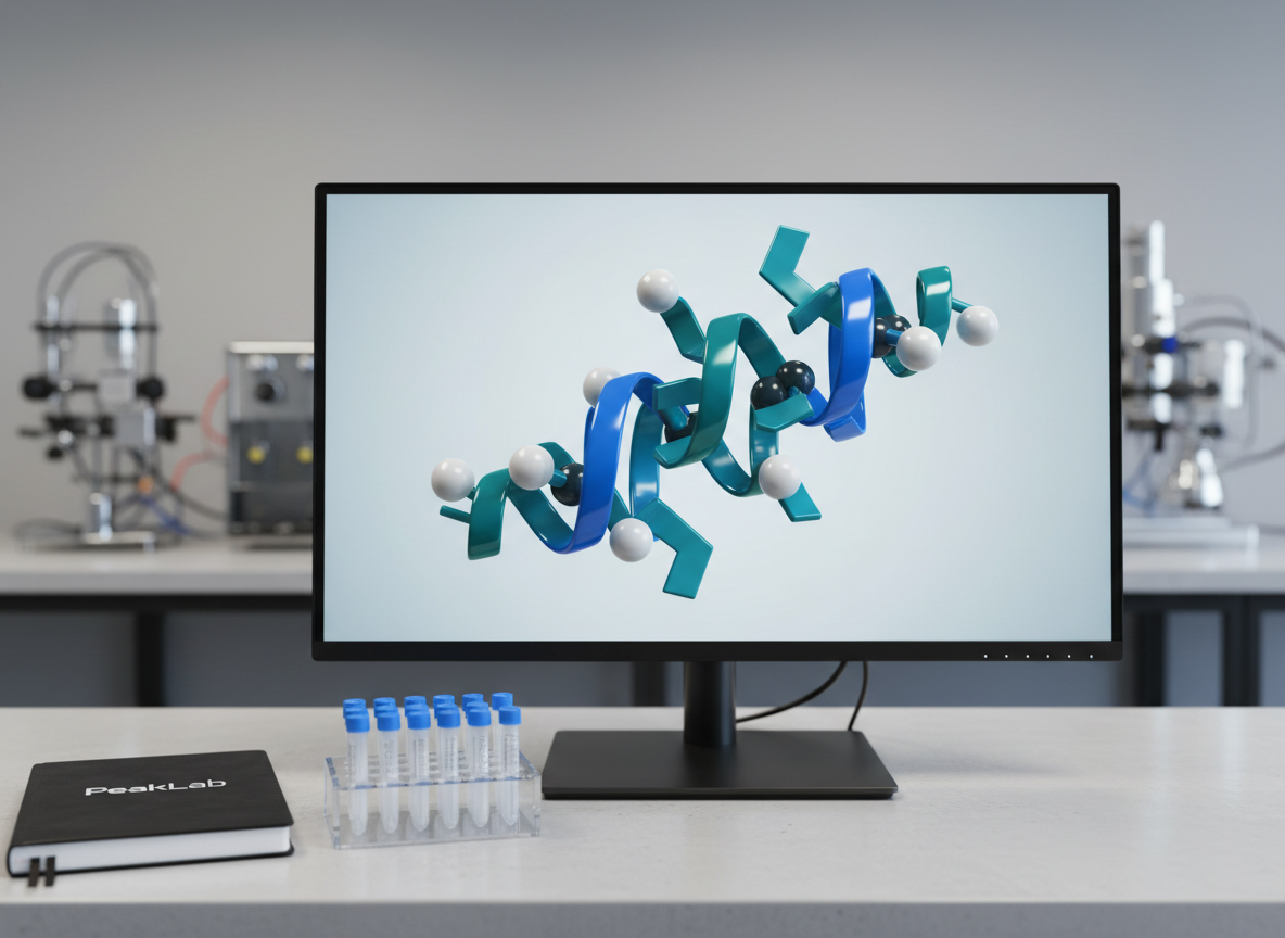 A highly detailed macro shot of a computer monitor displaying a stylized 3D peptide chain model composed of color-coded spheres and helices, rendered in glossy blues, teals, and whites. The screen sits on a minimalist lab desk beside a closed laboratory notebook and a small rack of empty microtubes. The background is softly blurred but hints at high-end analytical instruments and a neutral gray lab wall. The primary light source is the cool glow of the monitor, complemented by faint overhead lab lighting, creating gentle reflections on the screen bezel and desk surface. Photographic realism with a shallow depth of field and centered composition evokes a focused, analytical mood that highlights PeakLab’s emphasis on molecular precision and computational peptide design.