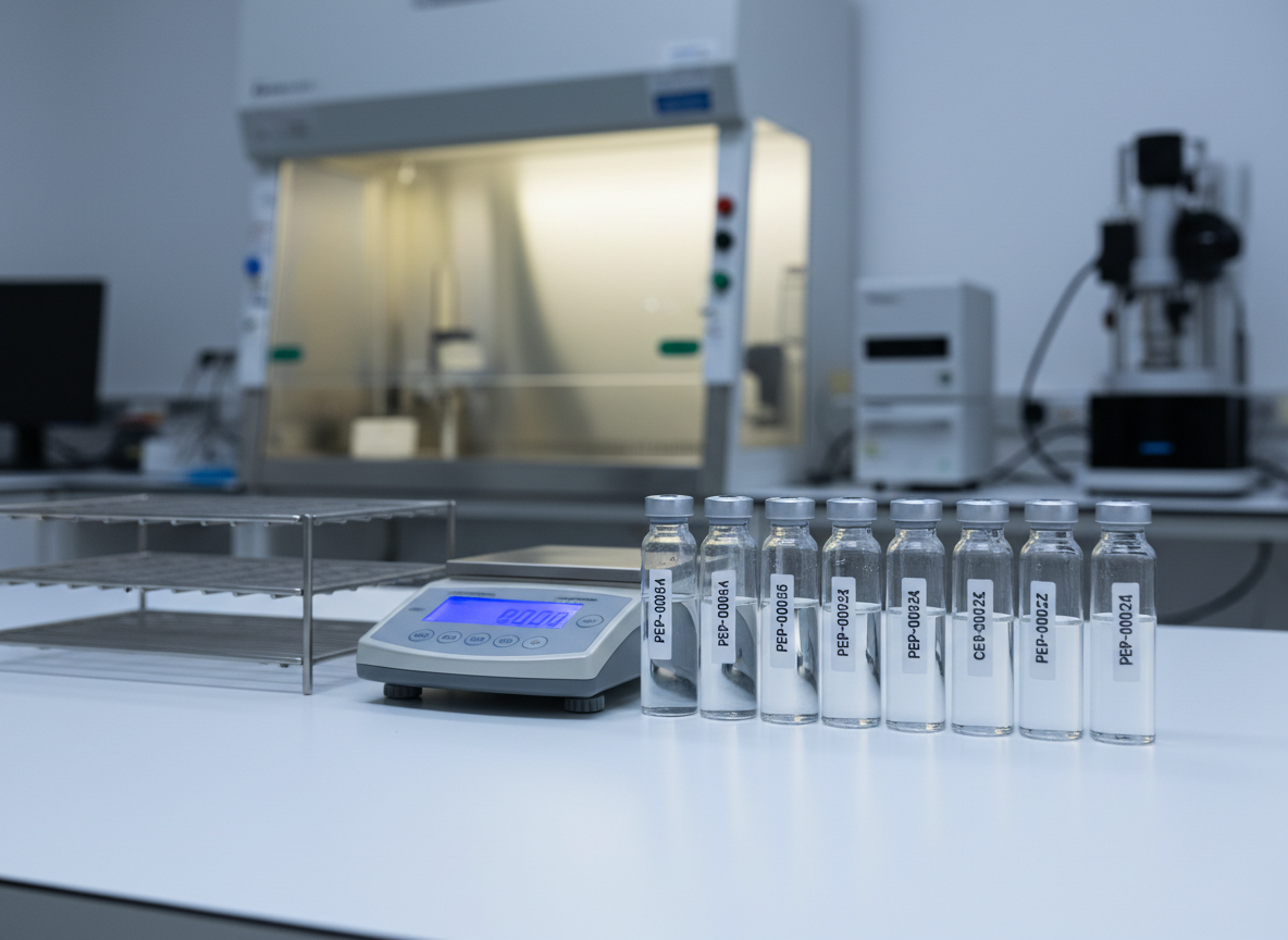 A meticulously organized peptide research workstation featuring a row of crystal-clear glass vials filled with colorless solutions, each labeled with precise alphanumeric codes. The vials stand on a spotless white lab bench beside a brushed stainless-steel rack and a digital microbalance. In the softly lit background, an out-of-focus biosafety cabinet and analytical instruments suggest a high-end facility. Cool, diffused overhead laboratory lighting creates subtle reflections on the glass and metal, emphasizing cleanliness and precision. Photographic realism at eye level with a shallow depth of field keeps the front vials tack sharp while the background gently blurs, conveying a professional, clinical, and trustworthy atmosphere suitable for a premium peptide supplier.